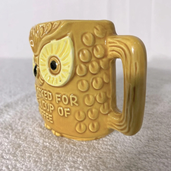 Vintage You Asked For Half A Cup Of Coffee Yellow Ochre Ceramic Owl Half Mug - Picture 3 of 13